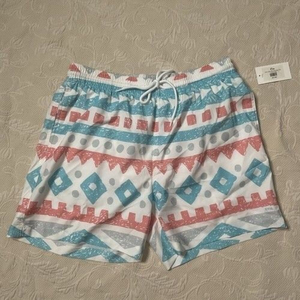 NWT Zyia Active‎ Aztec Blue Bold Lined Athletic Swimming Shorts Men Size M